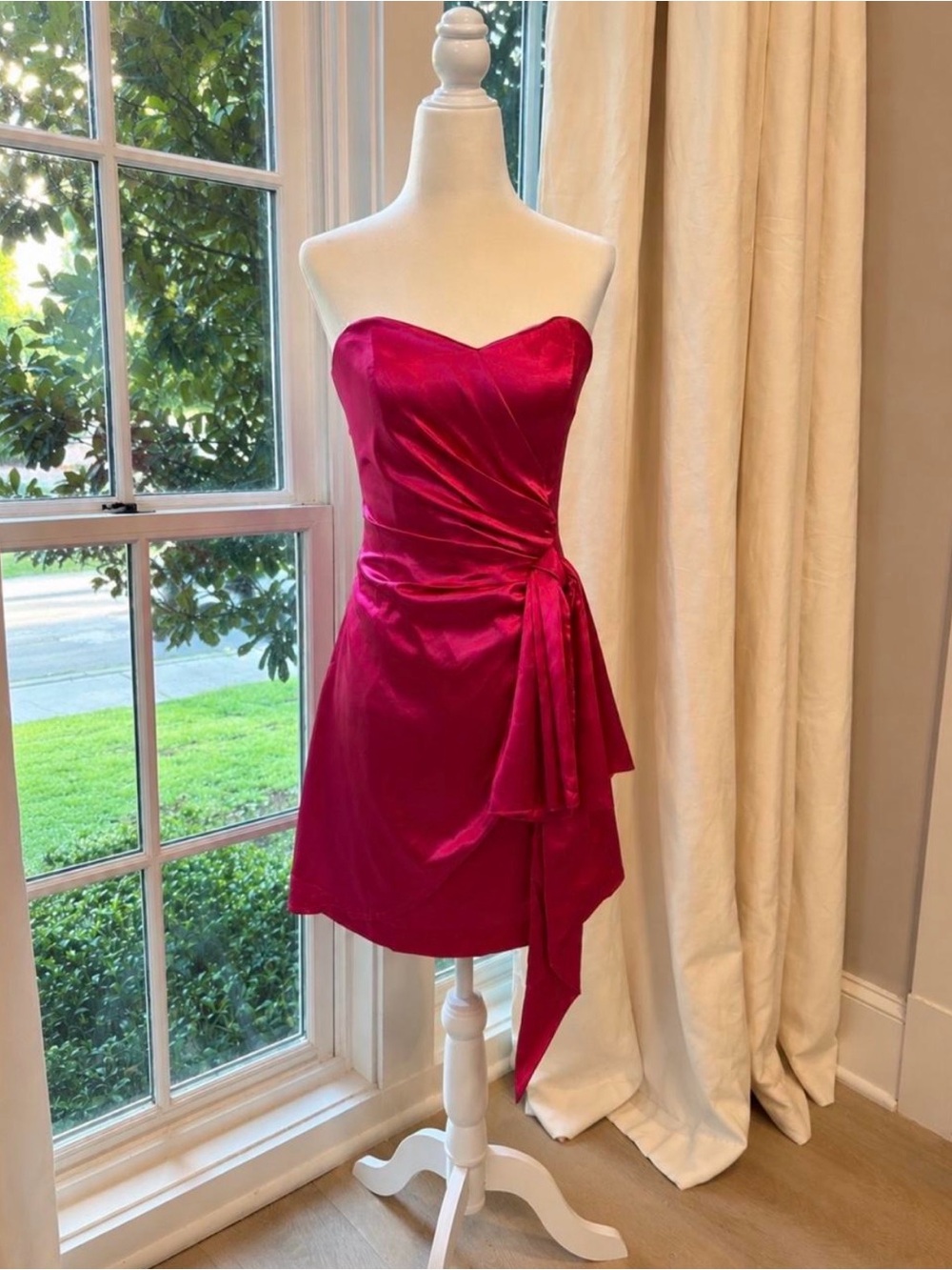 DO+BE Strapless Fuchsia Satin Mini Dress with Side Drape